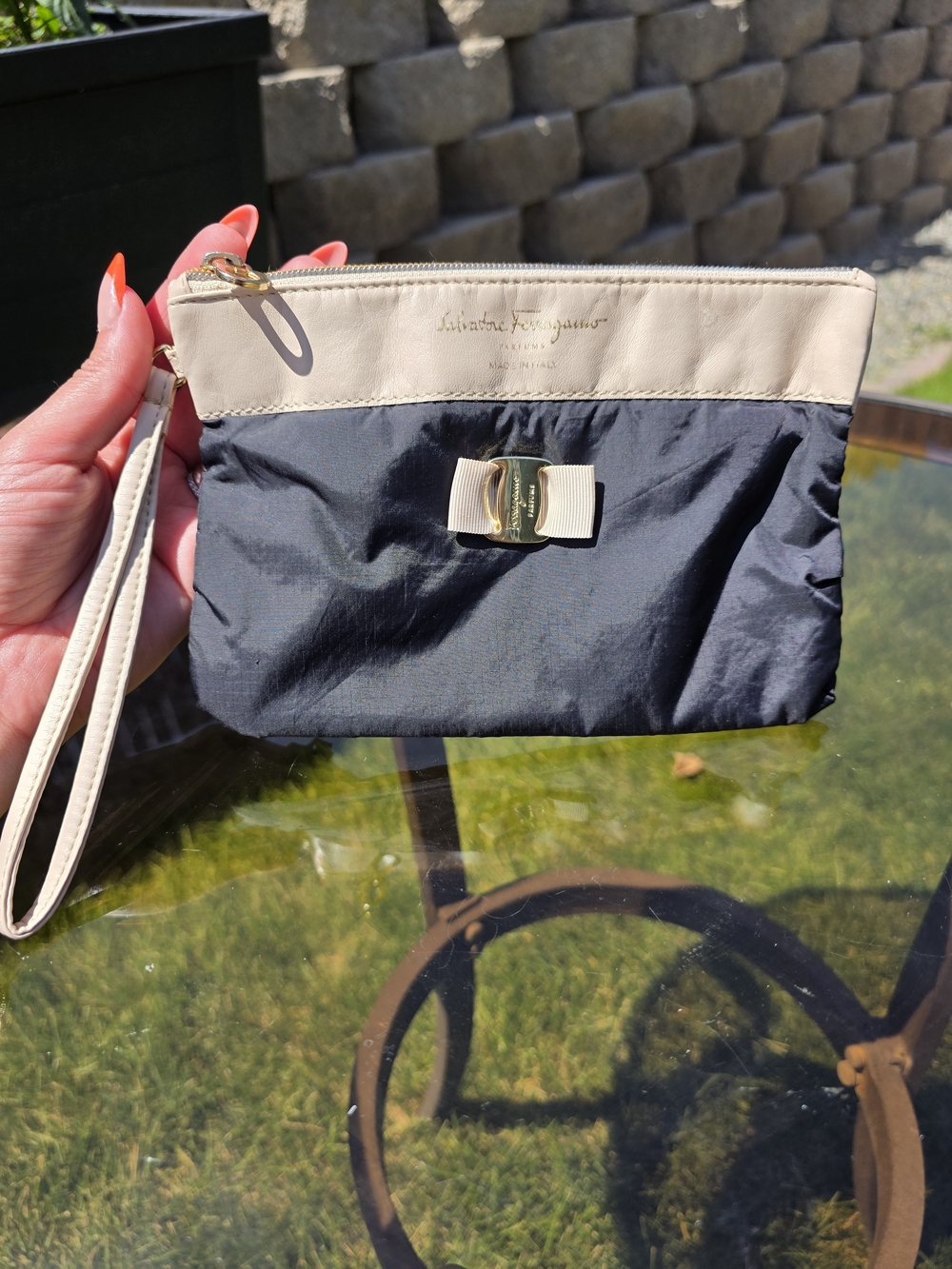 Salvatore Ferragamo Vara Bow Wristlet Clutch Black Cream Nylon GUC Made In italy